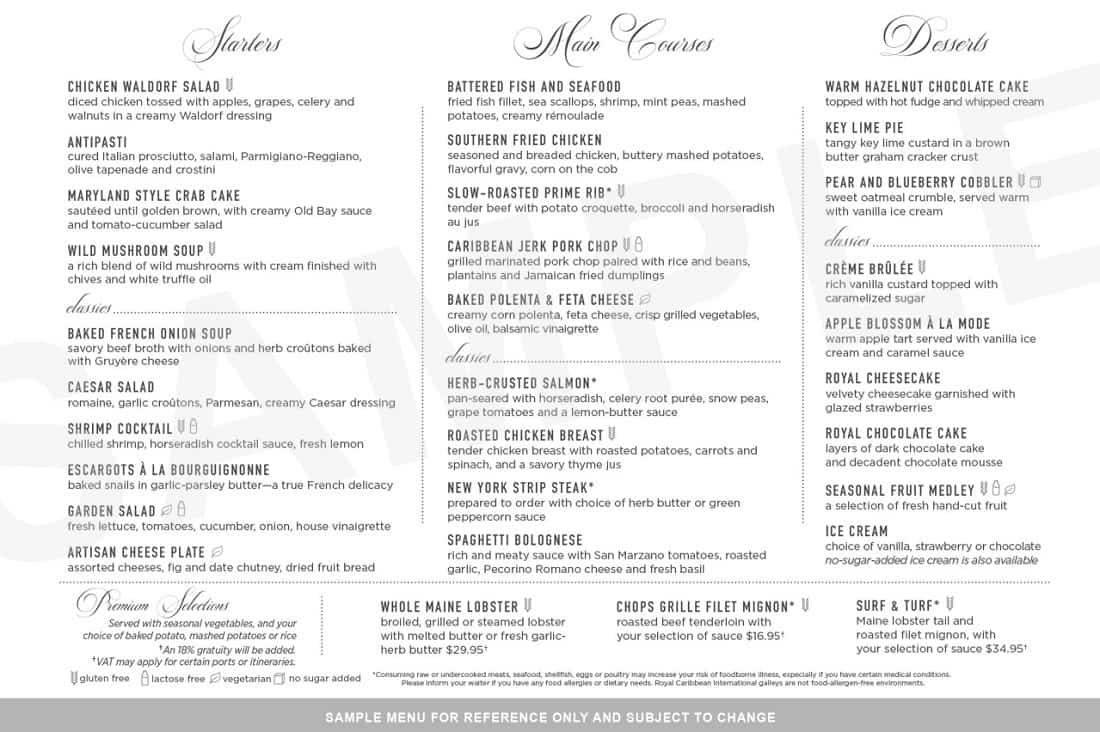 Oasis of the Seas Sample Menu